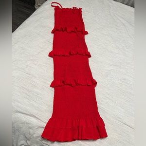 Red smocked midi dress